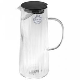 "Делисога (Delisoga)" Кувшин стеклянный "Миледи" 1,3л, д10см h23,6см, тонкостенное, рельефное, боросиликатное стекло, крышка пластик с силиконовым уплотнителем, с фильтрующими отверстиями из нержавеющей стали, д/горла 7,8см, д/основания 8,6см, в пода