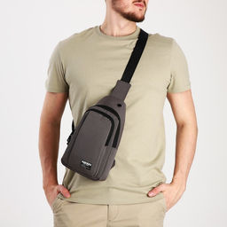 Сумка слинг мужская из текстиля, отверстие для наушников, цвет серый