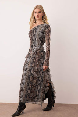 Cok Renkli Animal F?rf?rl? Maxi Ac?k Omuzlu Detayl? Esnek Tul Orme Elbise TWOAW26EL00214 - Trendyolmilla фото 2