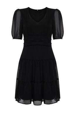 Siyah Belden Ac?lan Volanl? Sifon Astarl? Mini Dokuma Elbise TWOSS24EL00634