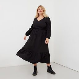 Платье женское миди MIST plus-size, чёрное, размер 52, однотонное