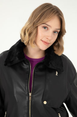 Женская черная кожаная куртка - U.s. polo assn фото 2