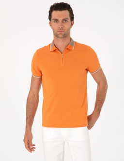 Turuncu Slim Fit %100 Pamuk Fermuarl_ Polo Yaka T-shirt