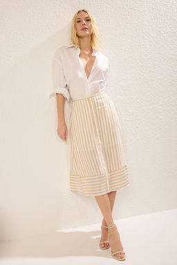 TRENDYOLMILLA Bej Onden Dugme DEtayl? Cizgili A-Line Midi Boy Dokuma Etek TWOSS25ET00079 фото 4