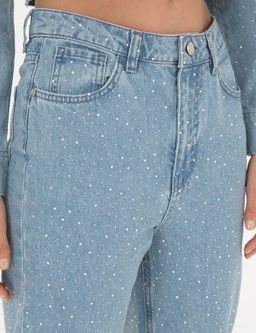 A__k Mavi Parlak Ta_l_ Mom Fit Jean Pantolon