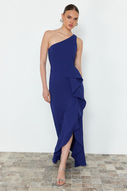 TRENDYOLMILLA Saks Volanl? Tek Kol Dokuma Uzun Abiye Elbise TPRSS24AE00126 фото 2