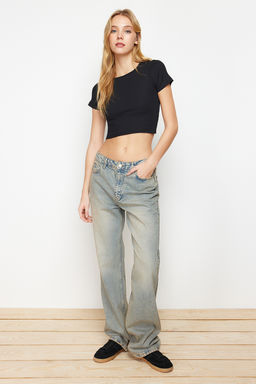 Trendyolmilla Siyah Fitted/Vucuda Oturan Bisiklet Yaka Crop Fitilli Esnek Orme Bluz TWOSS21BZ0779