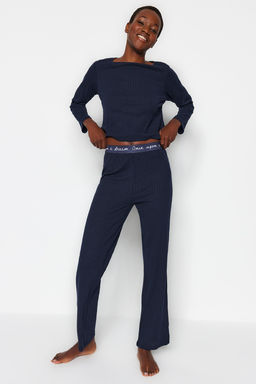 Lacivert Slogan Lastik Detayl? Fitilli Orme Pijama Tak?m? THMAW21PT0269