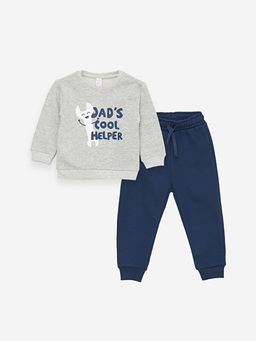 Bisiklet Yaka Uzun Kollu Bask?l? Erkek Bebek Sweatshirt ve E?ofman Alt? 2li Tak?m