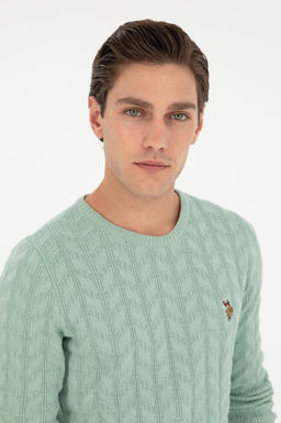 Erkek Slim Fit Bisiklet Yaka Su Ye_ili Basic Kazak