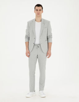 Gri Slim Fit Keten Kar___ml_ _izgili Tak_m Elbise