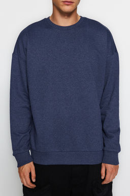 Indigo Oversize/Genis Kesim Cicek S?rt Bask?l? Ici Polarl?/S?cak Tutan Sweatshirt TMNAW23SW00493
