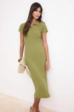 Yag Yesili Fitted/Vucuda Oturan Polo Yaka K?sa Kollu Midi Fitilli Esnek Orme Elbise TWOSS26EL00098