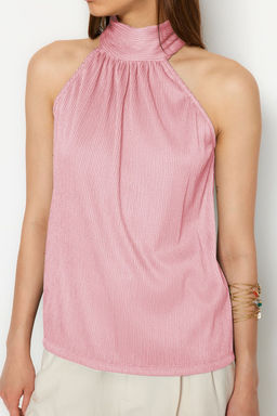 Pembe Regular/Normal Kal?p Dik Yaka Fit Pilise Esnek Orme Bluz TWOSS23BZ00952