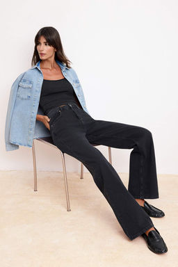 Siyah DOKUMLU Yuksek Bel MEVSIMLIK %100 Pamuk Uzun Boy Wide Leg Jeans TWOSS26JE00127