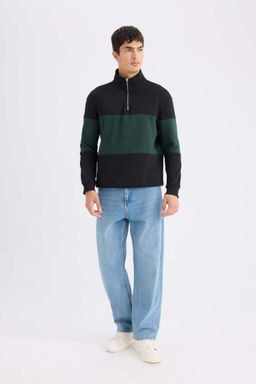 Комфортный толстый свитшот в полоску на молнии с высоким воротником и высоким воротником - Defacto фото 2