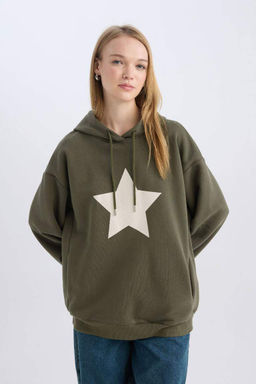 Женская толстая толстая толстовка свободного кроя цвета хаки с капюшоном и принтом на спине, широкий крой - Defacto фото 5