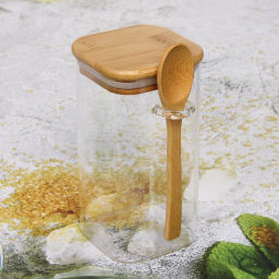 Банка для продуктов стеклянная 1000мл "Хай-Тек" с бамбуковой крышкой, квадратная 10*15см