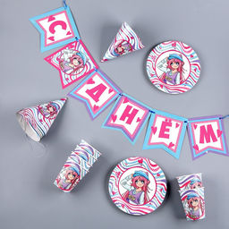 Посуда бумажная одноразовая «Аниме», 6 тарелок, 1 гирлянда, 6 стаканов, 6 колпаков