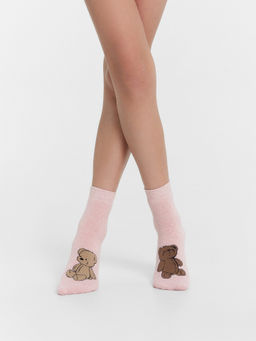 Цена за 5 пар! Носки детские в цвете розовый меланж с рисунком в виде медвежат