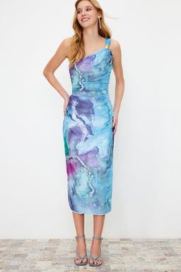 Cok Renkli Tek Kol Vucuda Oturan Aksesuar Detayl? Tul Esnek Orme Midi Kalem Elbise TWOSS24EL00174