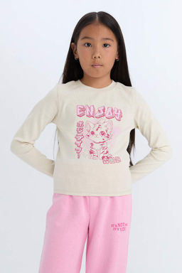 Укороченная футболка с длинными рукавами и круглым вырезом для девочек в рубчик с принтом - Defacto фото 3