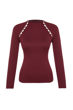 Bordo Pencere/Cut Out Aksesuar Detayl? Triko Kazak TWOAW24KZ00225 - Trendyolmilla фото 8