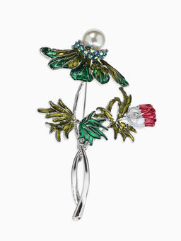Брошь «Репей», цветок с бусиной, цветная в серебре