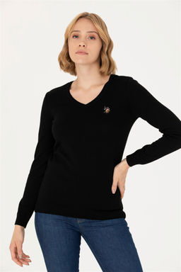 Женский черный базовый свитер с v-образным вырезом Неожиданная скидка в корзине