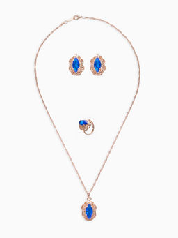 Гарнитур 3 предмета: серьги, кулон, кольцо безразмерное Эдель ажурный овал, цвет син в золоте, 45 см