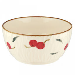 "Вишенка" Салатник фарфоровый 1250мл, д17,4см, h8,6см, с деколью, отводка, рифленый борт, кремовый (Китай)