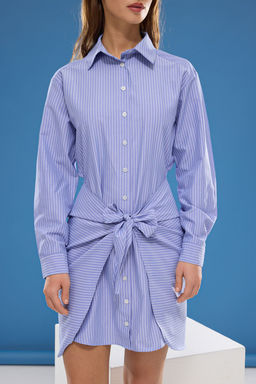 TRENDYOLMILLA Mavi Cizgili Baglama Detayl? Poplin Mini Dokuma Gomlek Elbise TWOSS25EL00220