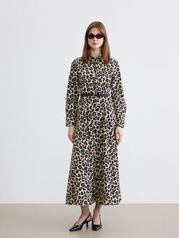 Leopar Desenli Kemerli Poplin G?mlek Elbise