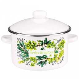 "Травы и специи" Кастрюля эмалированная 3л, цилиндрическая форма, металлическая крышка, ободок из нержавеющей стали, белый (Россия)