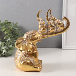 Фигурка полистоун «Слон и 3 слонёнка на хоботе. Индейские узоры», золото, 19.8×10.3×21.5 см