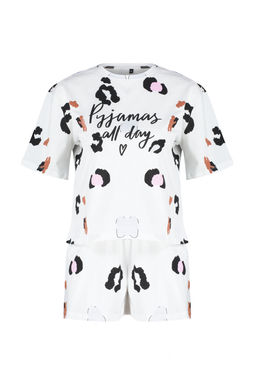 Beyaz-Cok Renkli %100 Pamuklu Leopar Desenli Sloganl? Sortlu Orme Pijama Tak?m? THMSS24PT00032