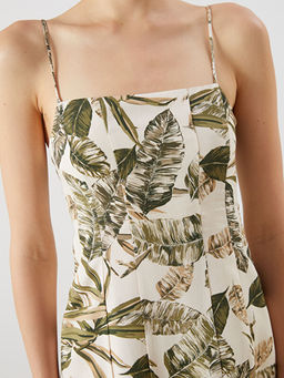 Kare Yaka ?i?ekli Keten Kar???ml? Mini Elbise