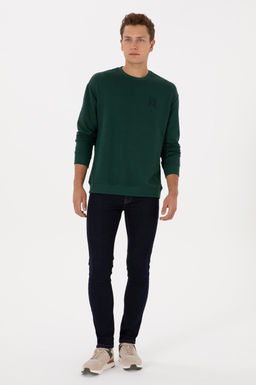 Erkek Oversize Fit Bisiklet Yaka Koyu Ye_il Sweatshirt