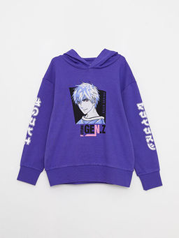 Kap??onlu Bask?l? Uzun Kollu Erkek ?ocuk Sweatshirt