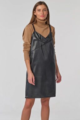 Сарафан кожаный мини на бретельках черный