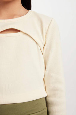 Облегающая футболка с круглым вырезом и длинными рукавами в рубчик для девочек - Defacto фото 5