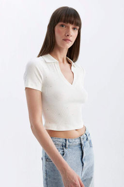 Футболка-поло с короткими рукавами и зауженным кроем в рубчик на камзоле - Defacto фото 3