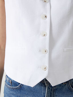 V Yaka Keten Kar???ml? Kad?n Klasik Yelek