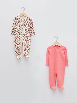 V Yaka Uzun Kollu Bask?l? Pamuklu K?z Bebek Tulum 2li