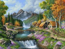 Вышивка крестиком 40х50см, Домики у водопада