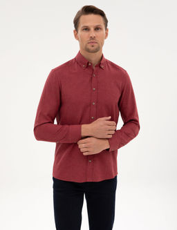 Bordo Flanel Dokulu Slim Fit Uzun Kollu G_mlek