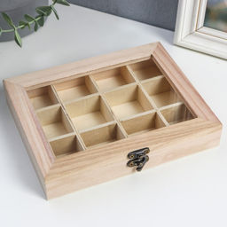 Шкатулка для росписи дерево «Прямоугольная со стеклянной вставкой», для творчества, декора, 12 отделений, 3.5×19×15 см