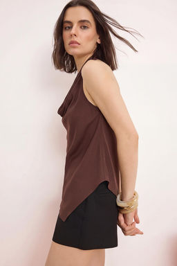 Kahverengi Degaje Yaka S?rt Dekolteli Dokuma Krep Bluz TWOSS26BZ00408