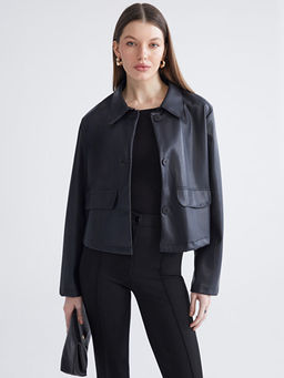 G?mlek Yaka Kad?n Deri G?r?n?ml? Ceket