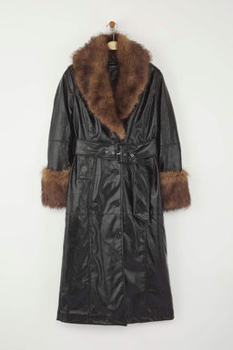 Ozel Koleksiyon Siyah Suni Deri Kurk Detayl? Mono Kapama Oversize Uzun Kaban TWOAW26KB00039 - Trendyolmilla фото 7